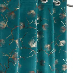 Kiara Creations Blue & Metallic 2 Pcs Floral Printed Room Darkening Velvet Window Curtains image 5