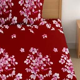 CG HOMES Red & White Floral 180 TC Single Bedsheet with 1 Pillow Covers image 2