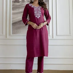 AUZAAI COLLECTION Ethnic Motifs Embroidered V-Neck Pure Cotton Kurta & Pyjama & Dupatta-picture-21
