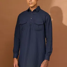 VIVEK KARUNAKARAN Shirt Collar Long Roll-Up Sleeves Linen Pathani Kurta image 5