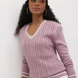 The Roadster Life Co. Contrast Striped Pure Acrylic Cable Knit Pullover-picture-26