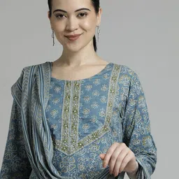 Jaipur Kurti Floral Printed Pure Cotton Kurta with Palazzos & Dupatta image 2