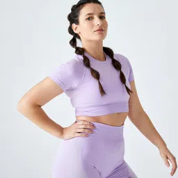 domyos Seamless Short-Sleeved Cropped Fitness T-Shirt - Purple image 1
