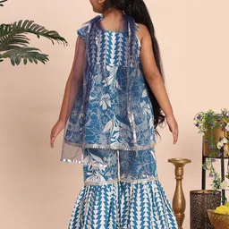 Cutiekins Girls Floral Printed Shoulder Straps Gotta Patti Kurta With Sharara & Dupatta image 4