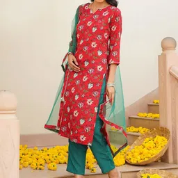 KALINI Floral Printed Notch Neck Gotta Patti Straight Kurta With Trousers & Dupatta image 3