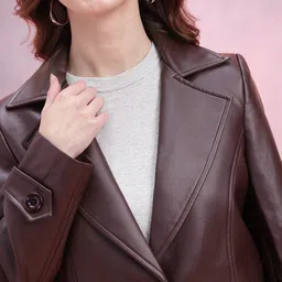 DressBerry Notched Lapel Faux Leather Overcoat image 2