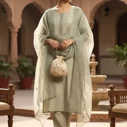 House of Pataudi Embroidered Round Neck Kurta & Trousers with Dupatta Set-picture-14