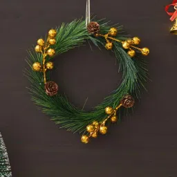 ecraftindia Green Christmas Wreath With Gold Balls and Flowers Decorative Ornaments-picture-11
