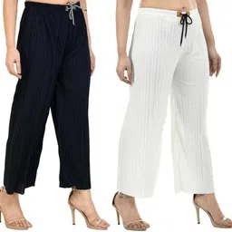 purser Pack of 2 Women Relaxed Dark Blue, White Lycra Blend Trousers-picture-22
