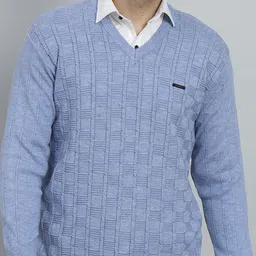 ewools Men Self Design V Neck Blue Sweater-picture-22