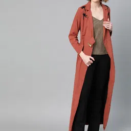 Athena Women Rust Red Solid Suede Longline Coat-image-93