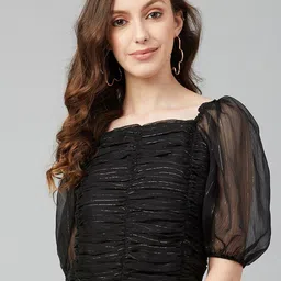 Marie Claire Black & Silver-Toned Striped Puff Sleeves Chiffon Regular Top image 1