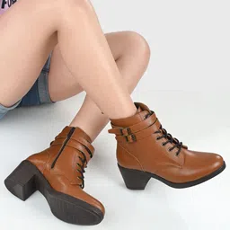 ADORLY Women Tan Synthetic Regular Boots WithLace Closure & Elevated Sole image 3