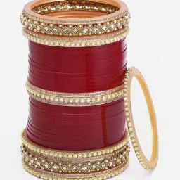 Panash Red & Gold Plated Matching Pearl Bangles Wedding Chooda Set Pack of 74 image 5