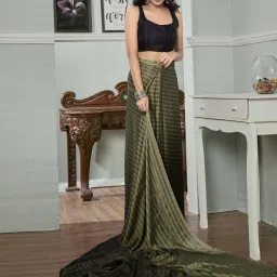 Satrani Army Green & Olive Green Striped Saree With Unstitched Blouse image 5