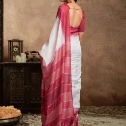Satrani White & Dusty Red Cotton Silk Printed Saree With Unstitched Blouse image 5