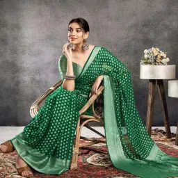 Satrani Green & Silver Woven Saree With Unstitched Blouse image 5