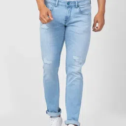 Spykar Light Blue Cotton Slim Fit Distressed Jeans-image-95