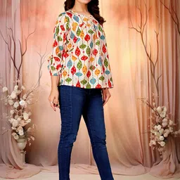 KHANJAN FASHION Women Round Neck Printed Causal Cotton Crepe Top image 2