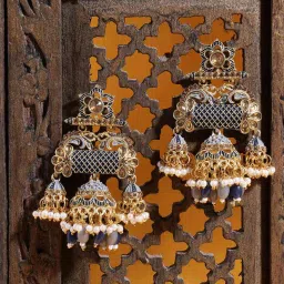 Panash Gold Toned & Black Dome Shaped Gold Plated Hand Painted Jhumki Earrings image 5