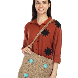 ITIHASIKALA Textured Square Crochet Structured Sling Bag with Applique-picture-12