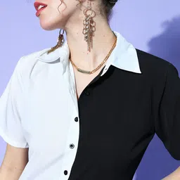 Berrylush Women White & Black Colourblocked Shirt Style Top image 3