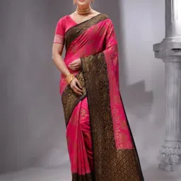 House Of Begum Dark Pink Banarasi Saree With Zari Work And Printed Unstitched Blouse-picture-24