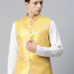 MANQ Men Yellow & Golden Ethnic Motifs Jaquard Woven Design Nehru Jacket-picture-37