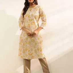 Fabindia White & Yellow Cotton Slim Fit Floral Print Kurta-picture-40