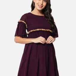 OTIRA Women Solid Bell Sleeve Georgette Gathered or Pleated A-Line Above Knee Dress-picture-12