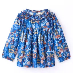 Hugsntugs Full Sleeve Seamless Flowers Printed & Swiss Dobby Work Detailed Ruffled Top - Blue-image-10