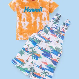 Babyhug 100% Cotton Knit Dungaree and Half Sleeves T-Shirt Set Beach Theme - Multicolor-image-15
