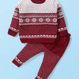 Babyhug Knitted Full Sleeves Baby Sweater Set with Floral Design - Maroon-picture-17