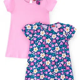 Babyhug Single Jersey Cap Sleeves Knee Length Frocks with Bow Floral Print - Pink & Purple-picture-26