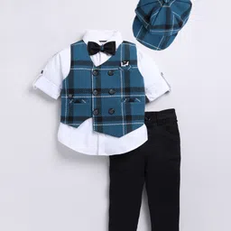little collars LITTLE COLLARSCotton Blend Full Sleeves Checked 3 Piece Party Suit Set - Blue-picture-12