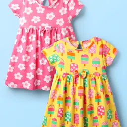 Babyhug Single Jersey Knit Half Sleeves Floral & Ice Cream Printed Frocks With Bow Applique Pack of 2 - Yellow & Pink-picture-10