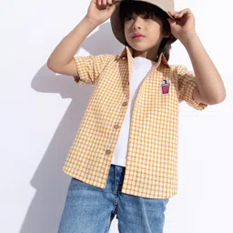 Taffykids Cotton Blend Half Sleeves Checked Juice Patch Detailed Shirt With Attached Tee - Yellow & White image 1