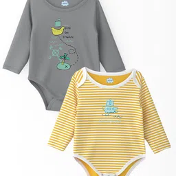 Nautinati Cotton Pack Of 2 Full Sleeves Striped & Pirate Ship Printed Onesies - Grey & Yellow-picture-11