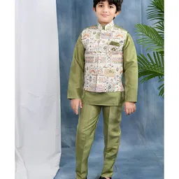 BT DEZINES Silk Blend Woven Full Sleeves Solid Kurta & Pyjama With Floral Embroidered Jacket Set - Olive Green-picture-15