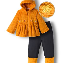 Mark & Mia Full Sleeves Hooded Winter Wear Suit Set With Floral Embroidery & Ear Applique - Light Brown & Black-picture-26