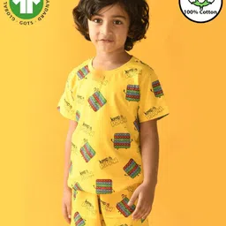 Anthrilo 100% Organic Cotton Knit Half Sleeves Keep It Poppin Text Printed Coordinating Night Suit Set - Yellow-picture-32