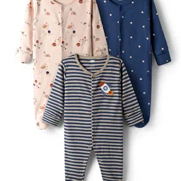 Simply Interlock Knit Full Sleeves Sleepsuit With Stripes & Space Theme Print Pack Of 3 - Navy Blue & Cream-image-43