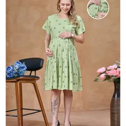 Lovely Mom's Cotton Woven Half Sleeves Geometrical Printed Maternity Dress With Side Zipper Nursing Access - Pista Green-picture-10
