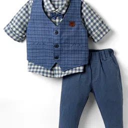 Mini Taurus Sinker Knit Full Sleeves 3 Piece Party Suit with Checks & Bow Applique - Blue-picture-38