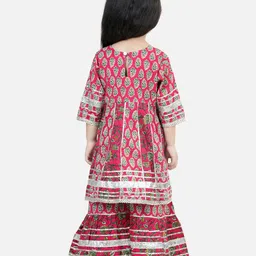 BownBee Pure Cotton Three Fourth Sleeves  Floral And Leaf Motif Printed Kurta With Sharara    - Pink image 3