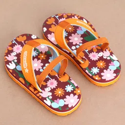 Cute Walk by Babyhug Flip Flops Backstrap Closure Floral Print- Maroon & Orange image 2