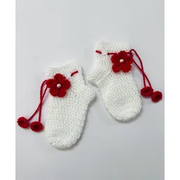 Little Peas Floral Embellished Handmade Crochet Socks - White & Red image 2