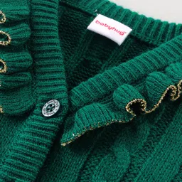 Babyhug Knitted Full Sleeves Cable Knit Designed Front Open Sweater with Frill Detailing - Dark Green image 3