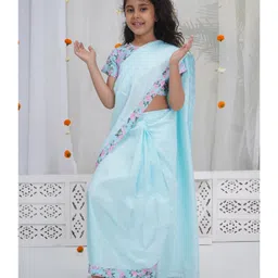 Little Bansi Muslin Woven Floral & Butterfly Printed Saree With Half Sleeves Blouse - Blue image 4