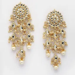 Sukkhi Gold Plated Chandelier Kundan Studded & Pearls Beaded Floral Shaped Drop Earrings image 2